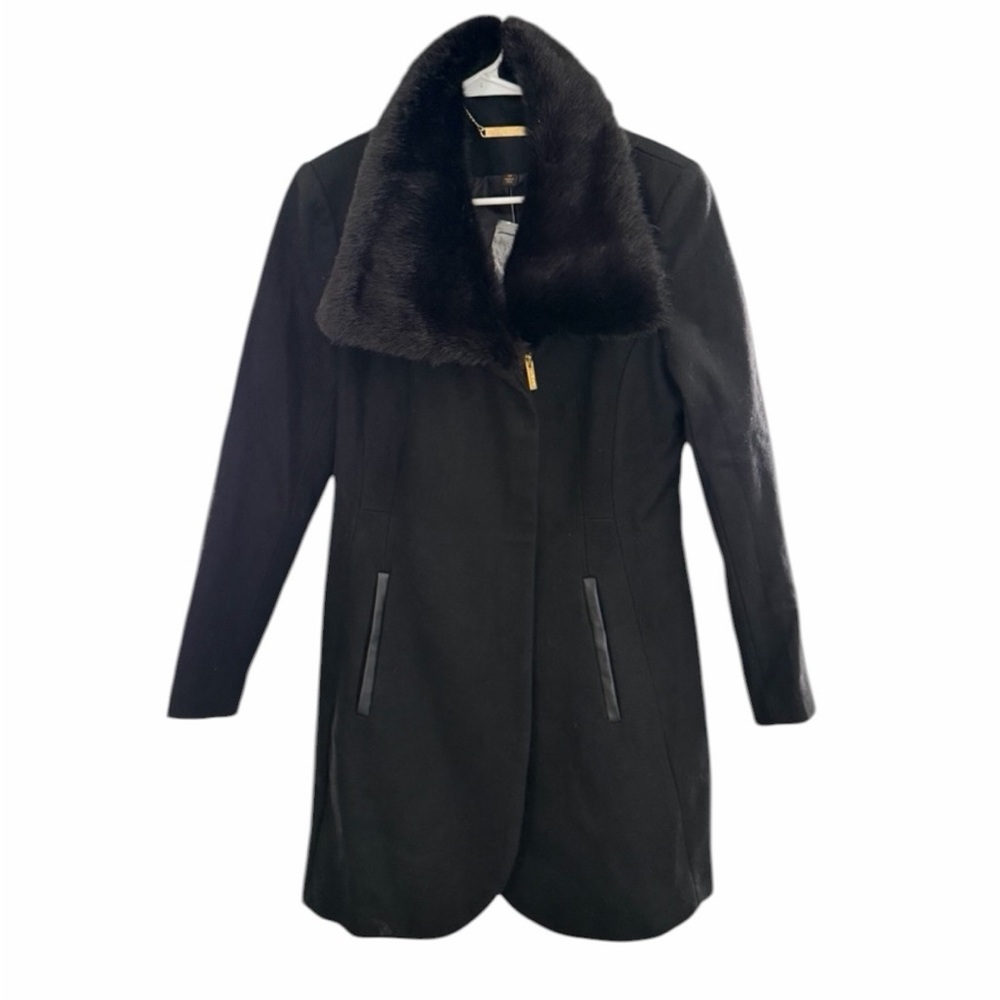 IMAN Wool Blend Coat With Faux Fur Collar Womans Medium Black Slit Pockets